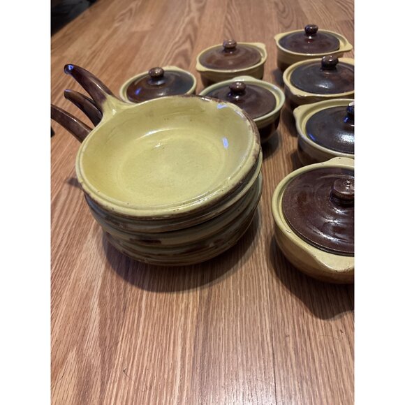 Rare Set Of Vtg Artisan crocks & Plates Brown & tan drip Clay MCM Pull Handles - Picture 8 of 11